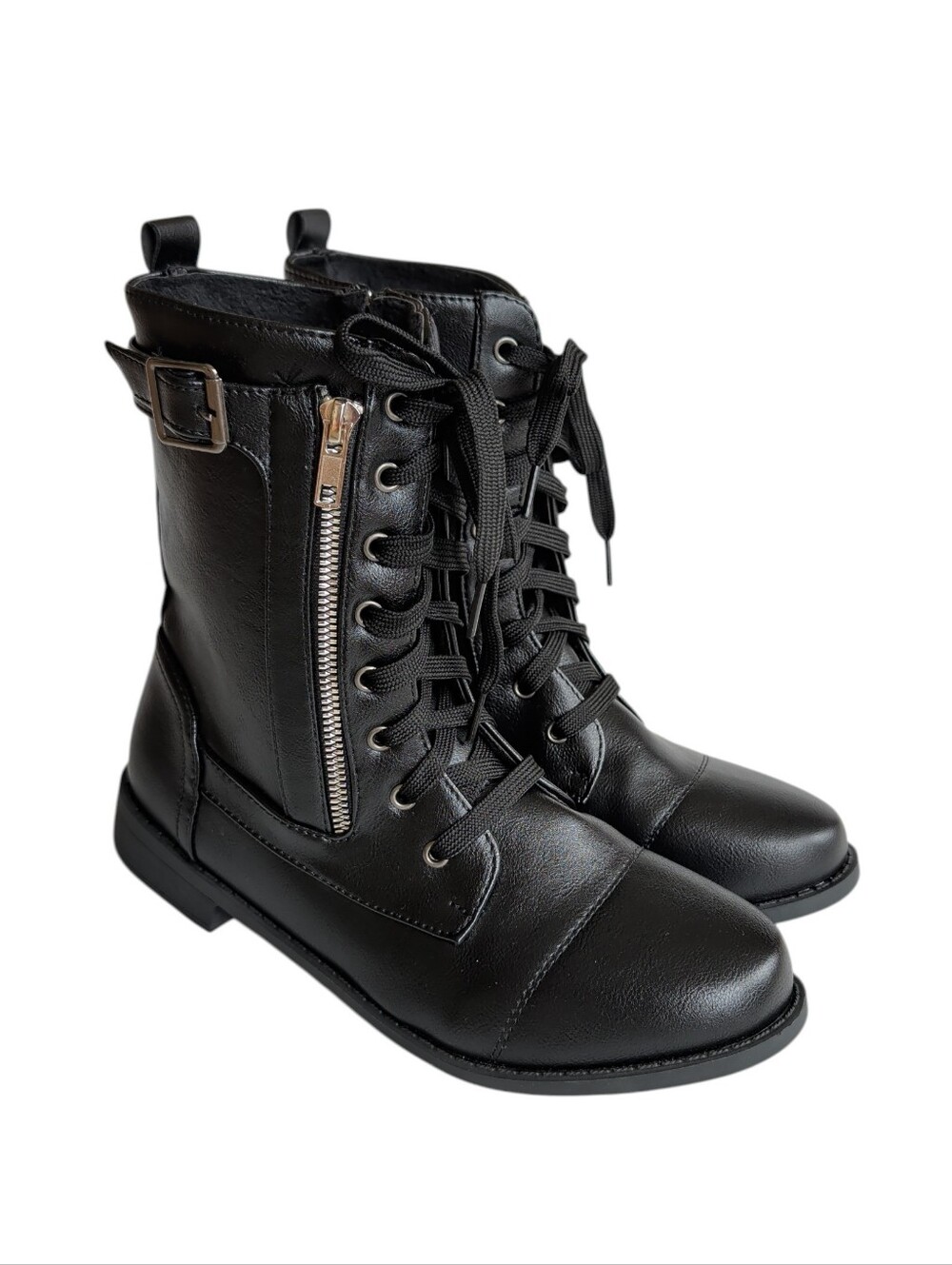 NWOT Faux Leather Lace Up Mid Calf Combat Boots with Side Zipper EU 41 Black